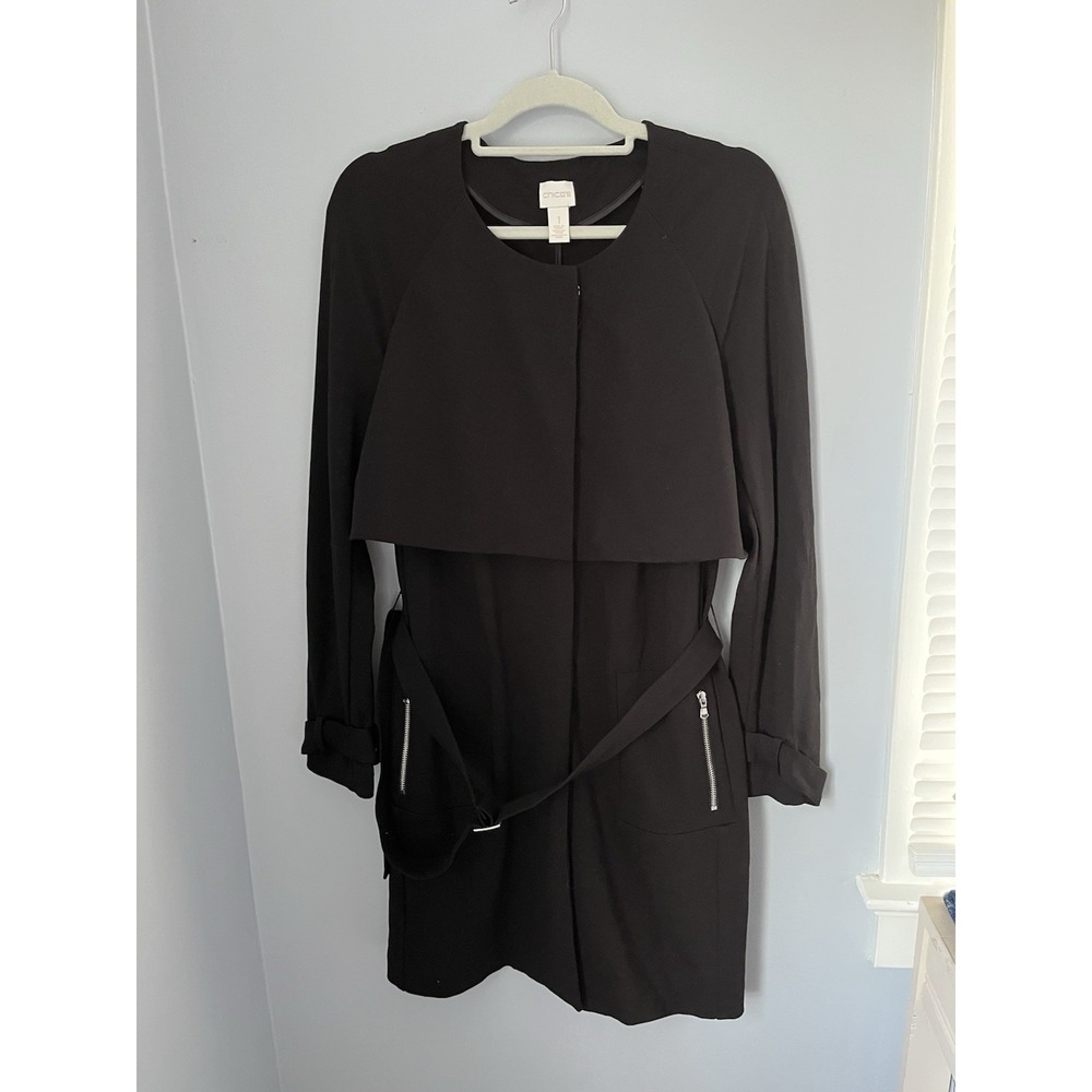 Chico's Women's Trench‎ Topper Coat Dress Size 1 Black Long Sleeve Pocket
